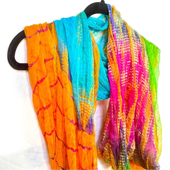 Indian 100% Silk Scarf Sari - Tie-Dye Boho Neon Rainbow Headwrap Headband - Picture 3 of 12